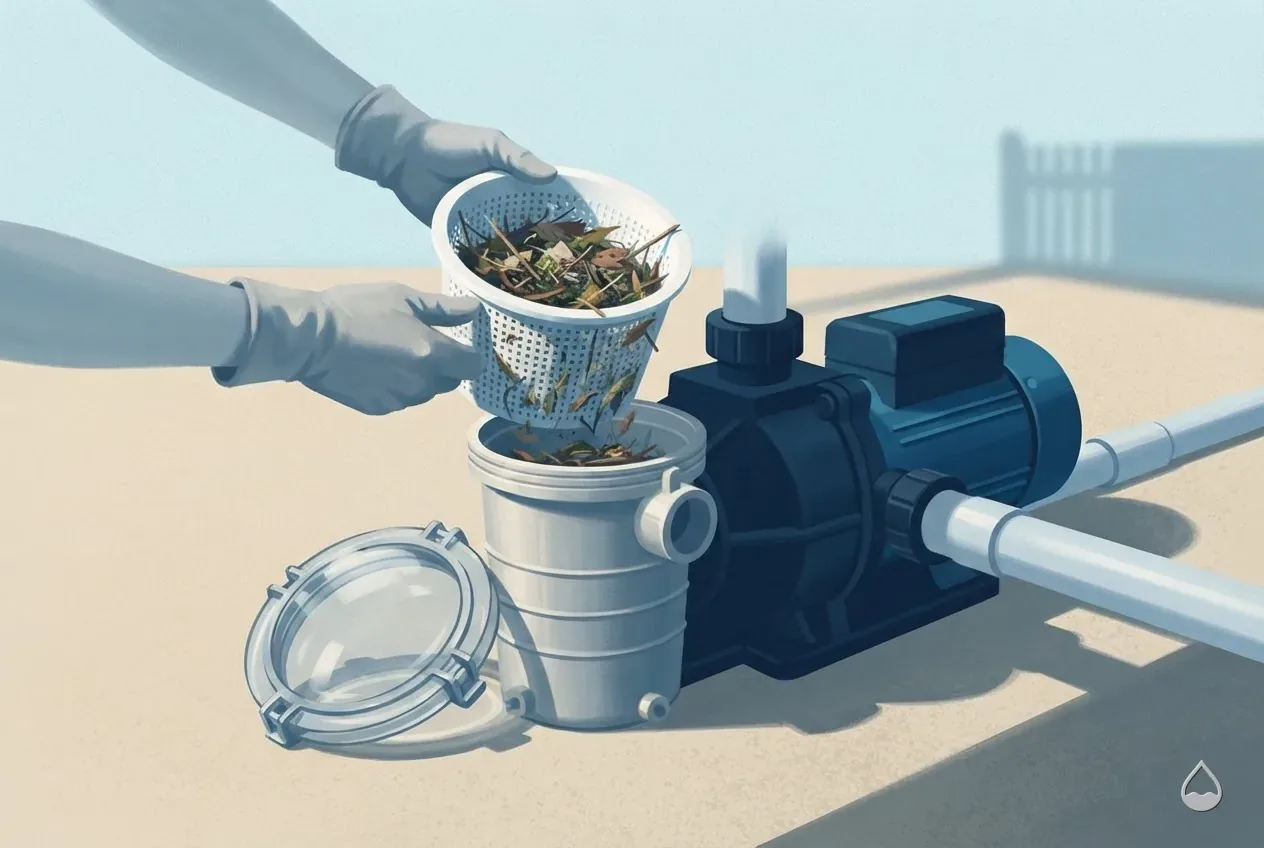 Painted illustration: a clogged strainer basket lifted out of a pool pump's strainer pot on the equipment pad, the clear lid resting beside it