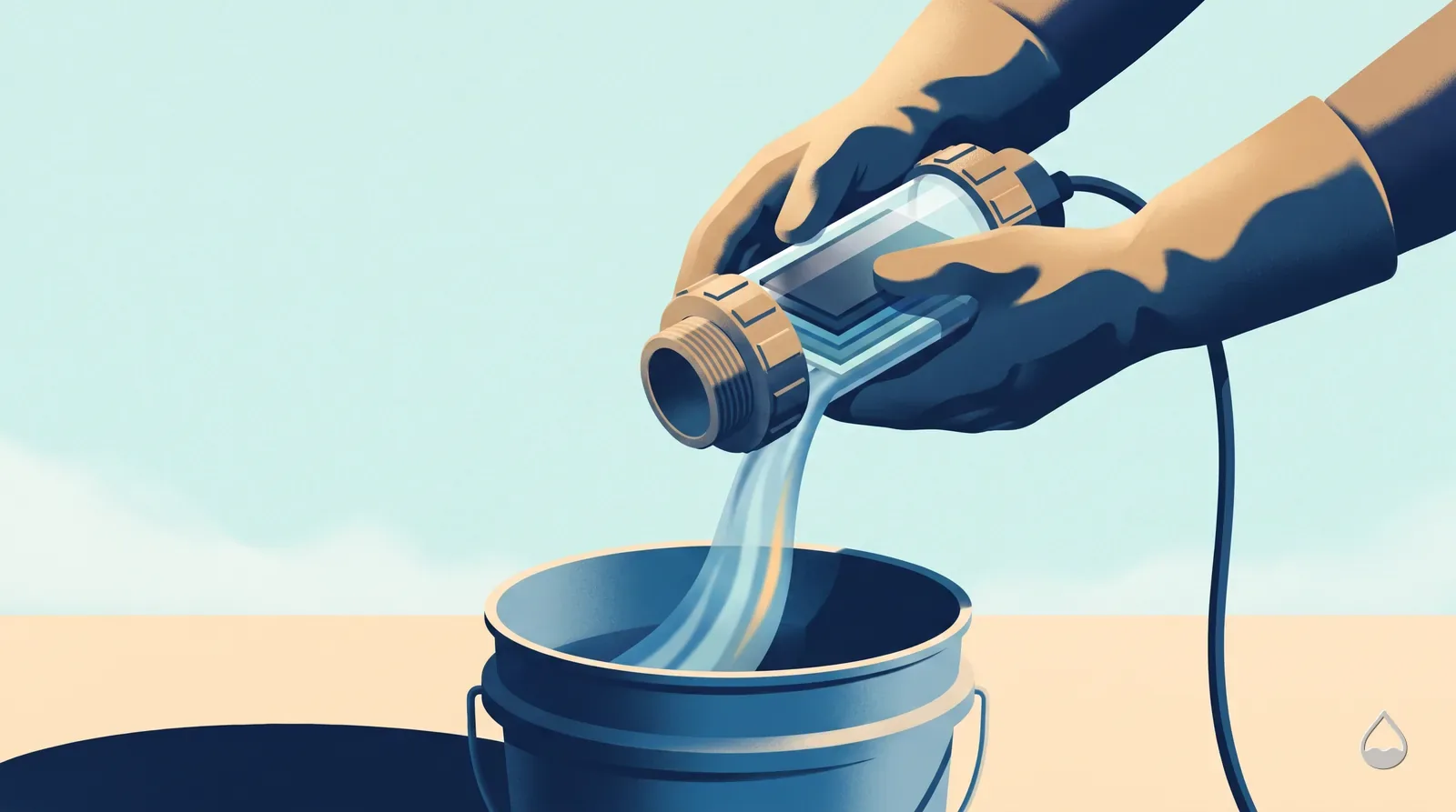Painted view of gloved hands holding a salt cell over a bucket, dilute acid running off its titanium plates