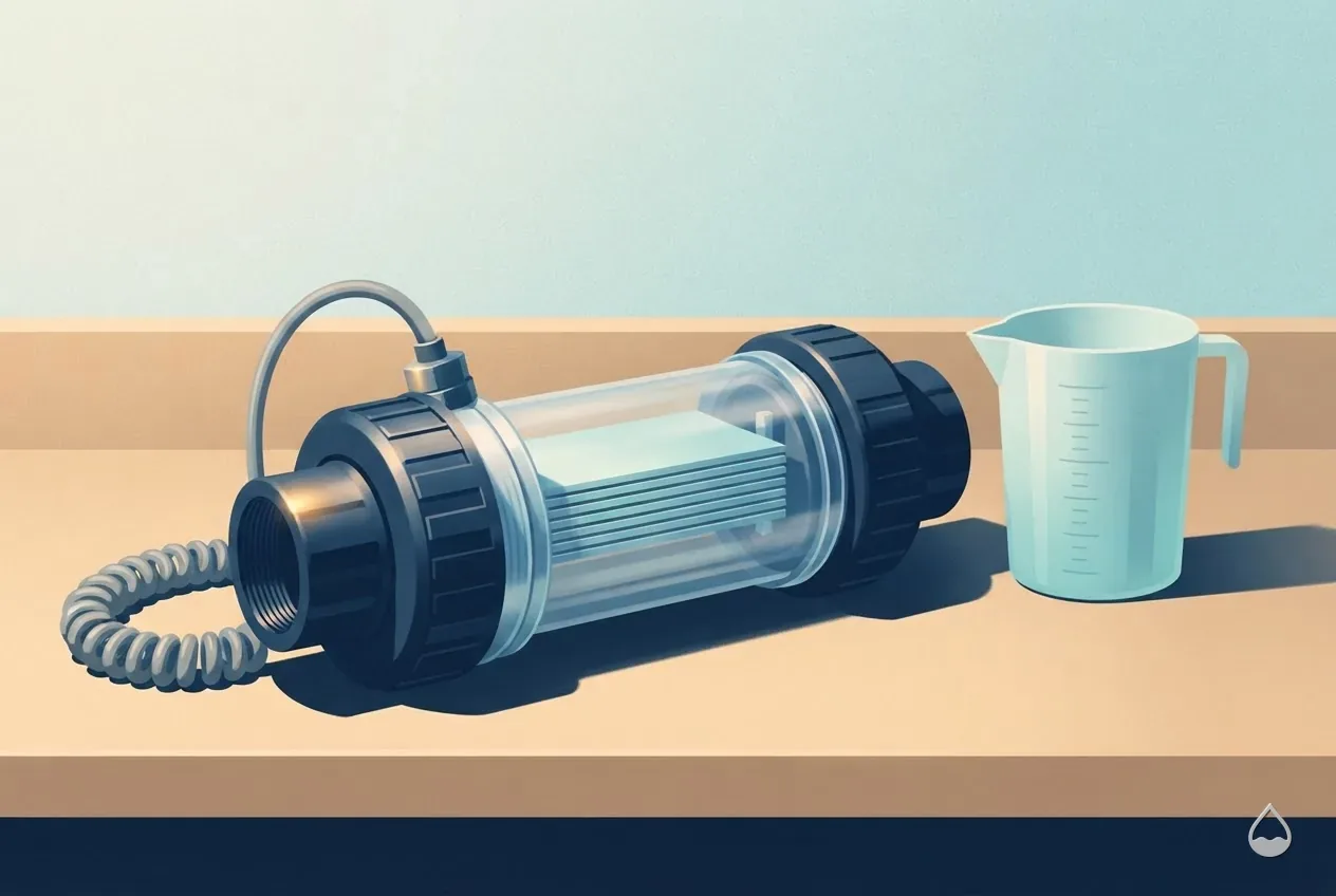 Painted view of a cylindrical salt cell on a bench, titanium plate stack visible through the barrel, union nuts at both ends