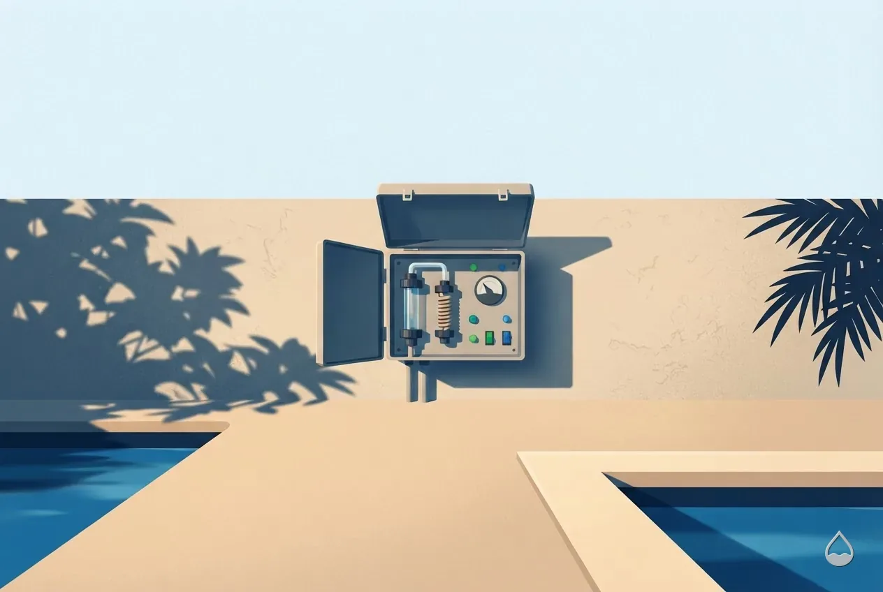 Painted illustration: a chlorinator control box mounted on the equipment pad wall