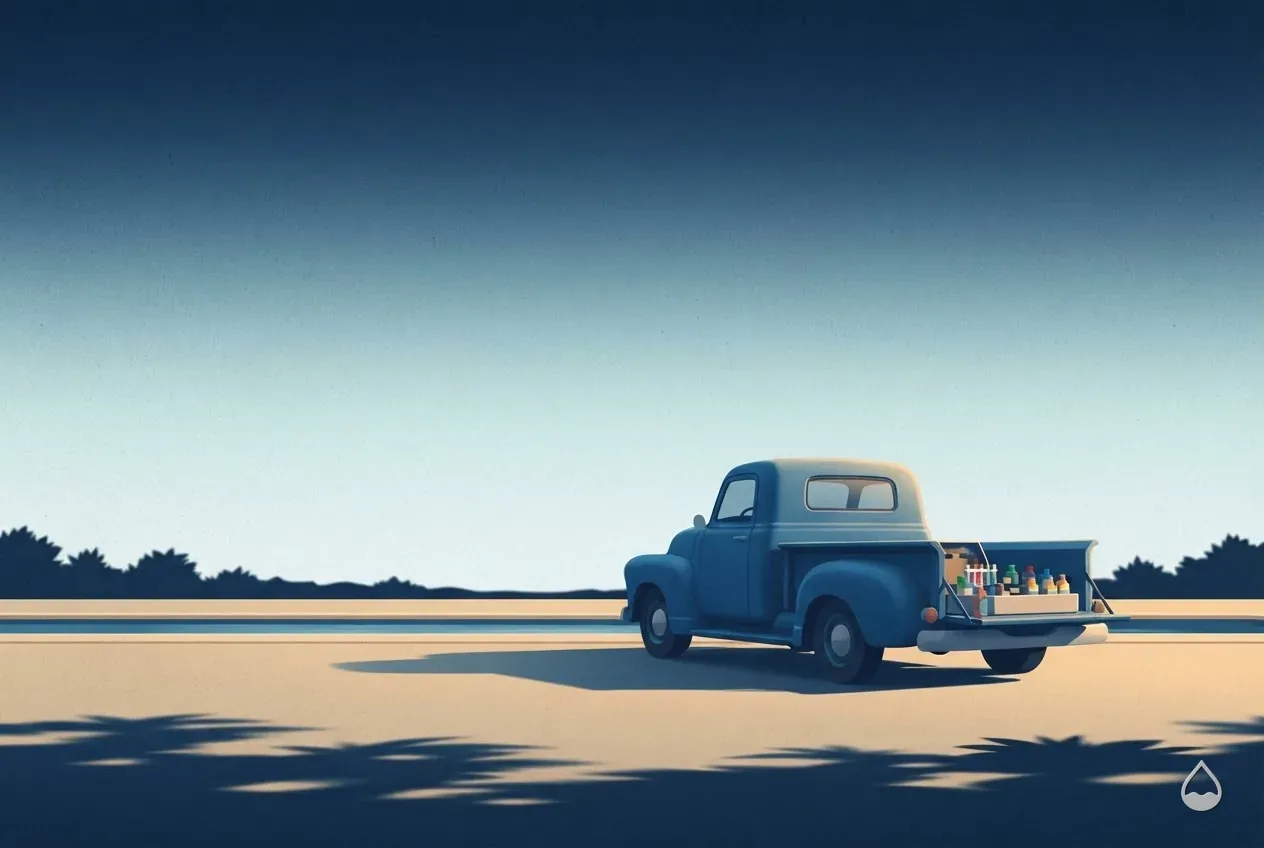 Painted illustration: a service truck at sunrise with its tailgate down