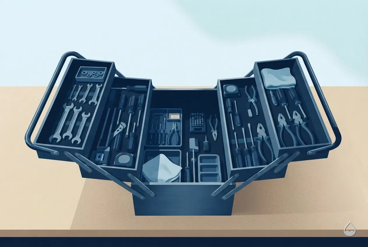 Painted overhead view of an open technician's toolbox with its cantilever trays spread