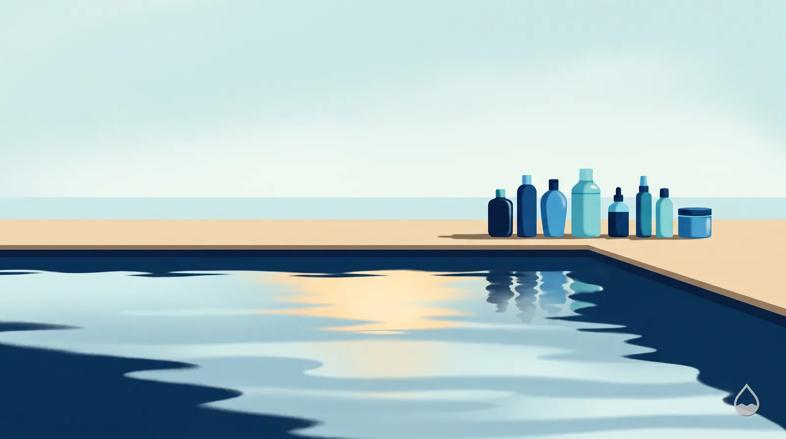 Painted view of a row of sealed winterising chemical bottles standing along the coping above still water