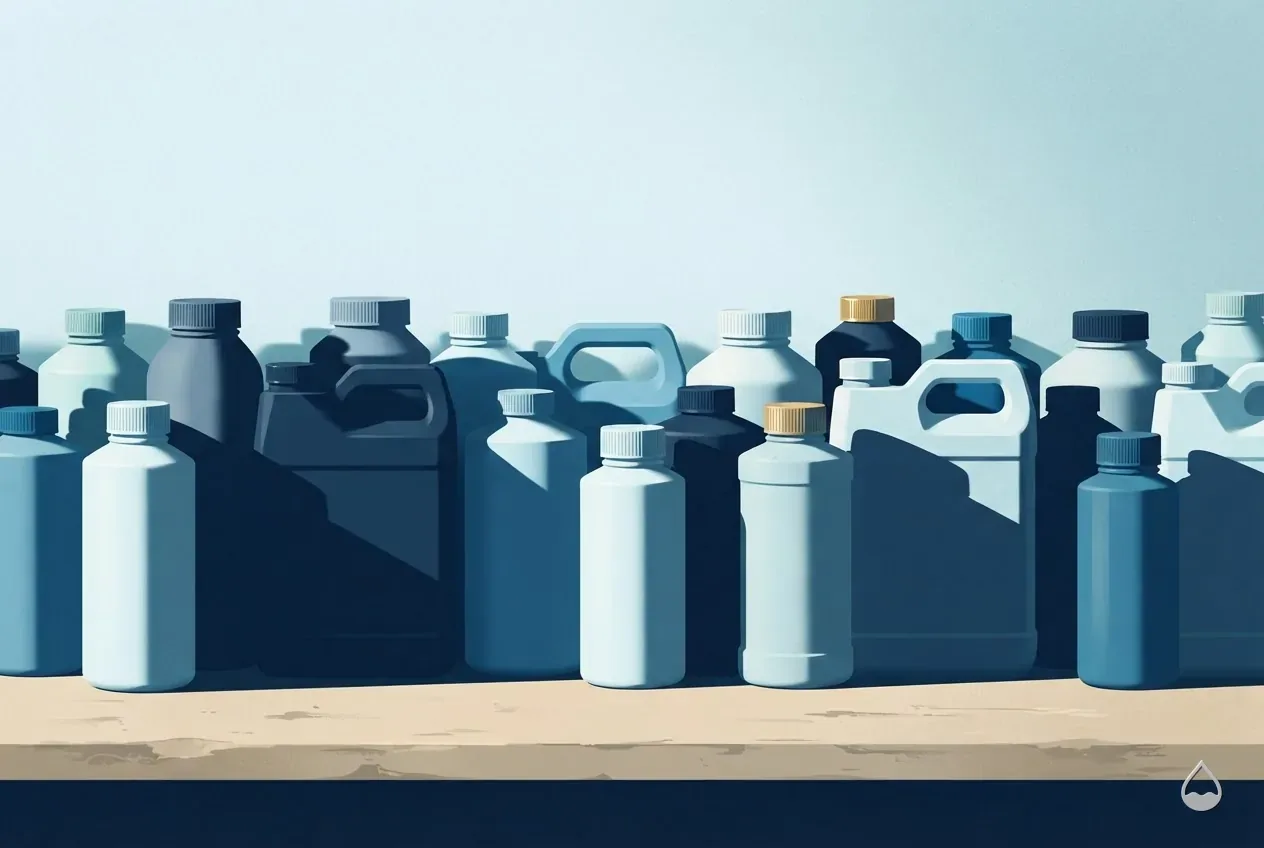 Painted close row of sealed winterising chemical containers on a workbench in low raking light
