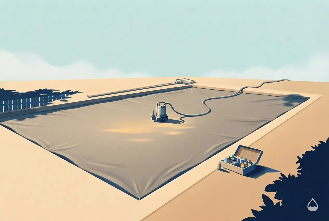 Painted illustration: a cover pump sitting on a taut winter cover