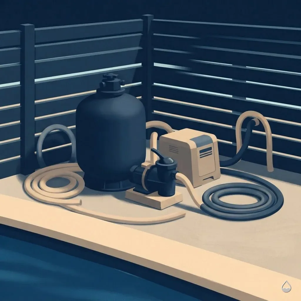 Painted square card: a sand filter tank and a pump on a pad against a slatted fence, hose coiled beside them