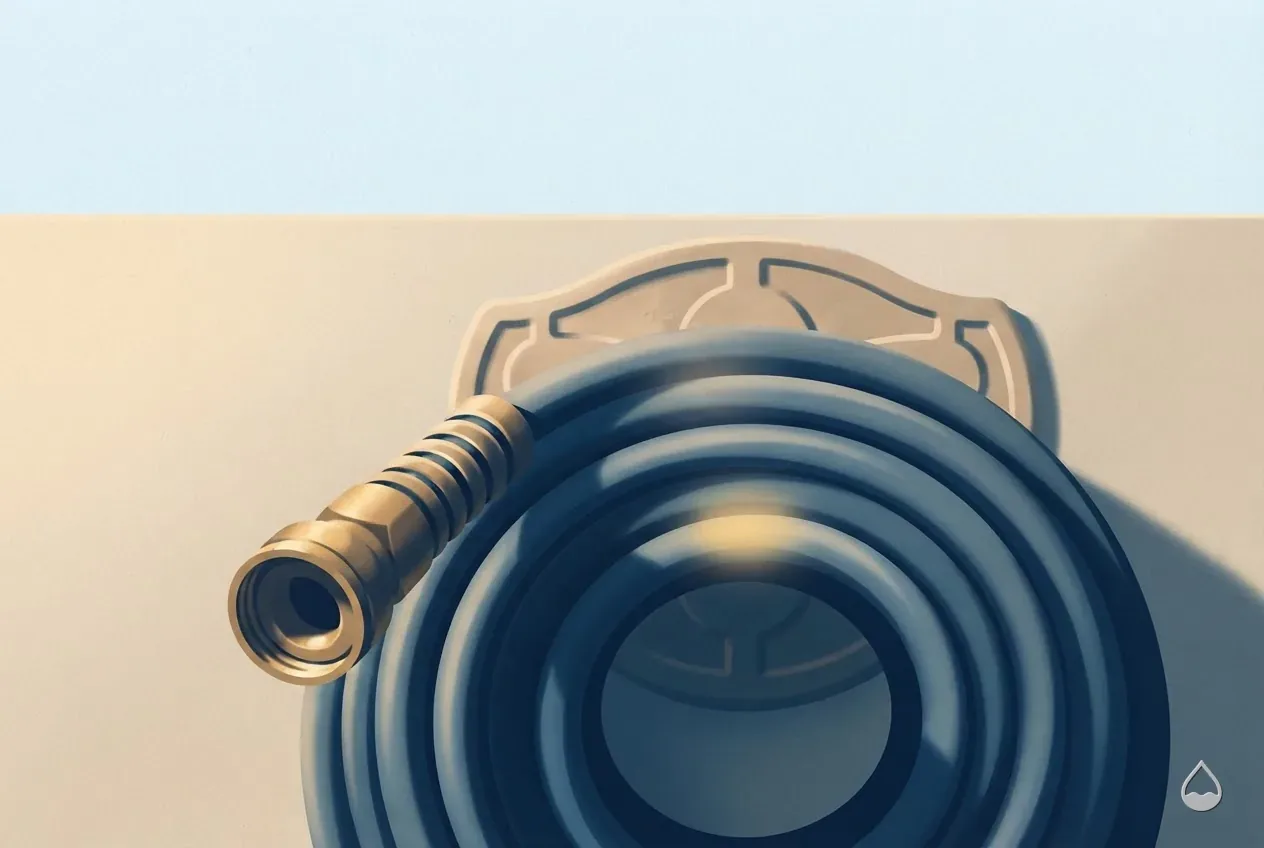 Painted close view of a garden hose coiled on a wall reel with its brass coupling in the foreground