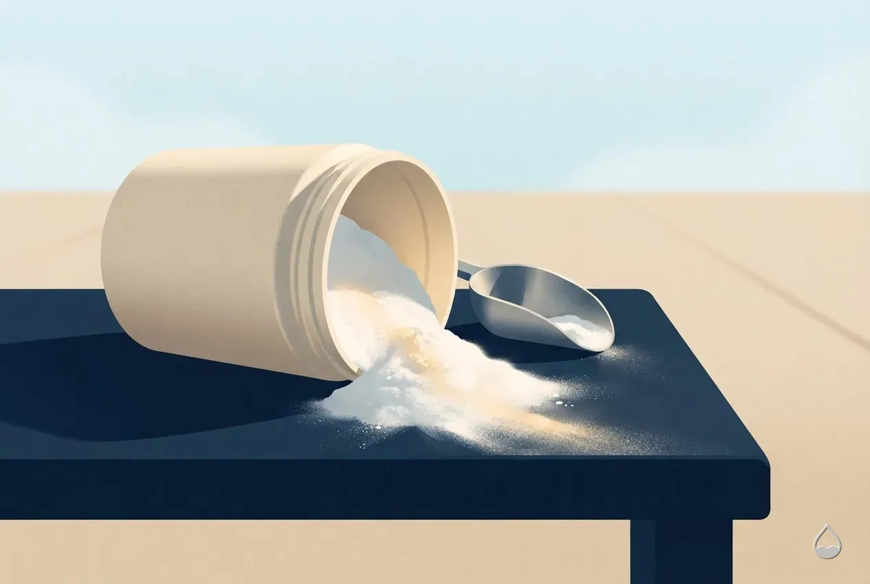 Painted close still life of bicarbonate powder tipped from a scoop into a heap on a dark bench