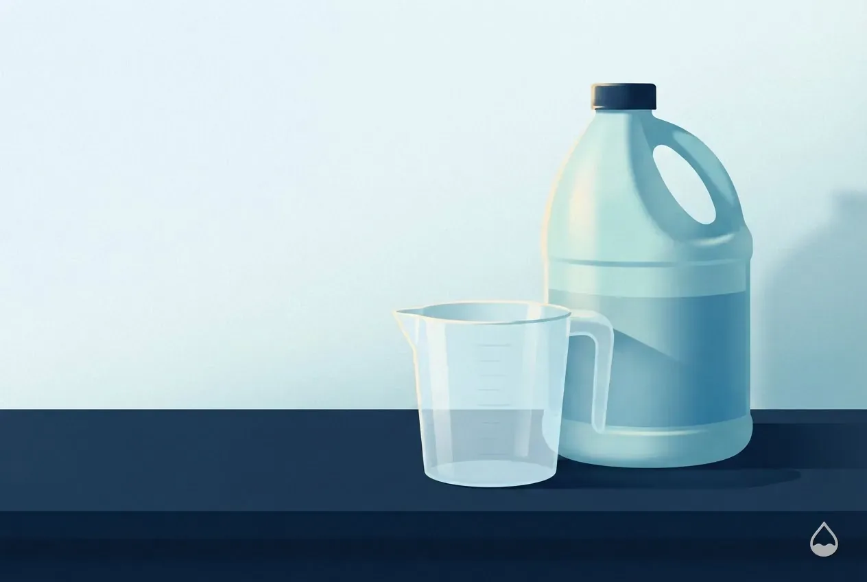 Painted close still life of a sealed chlorine jug beside a graduated measuring cup on a dark bench
