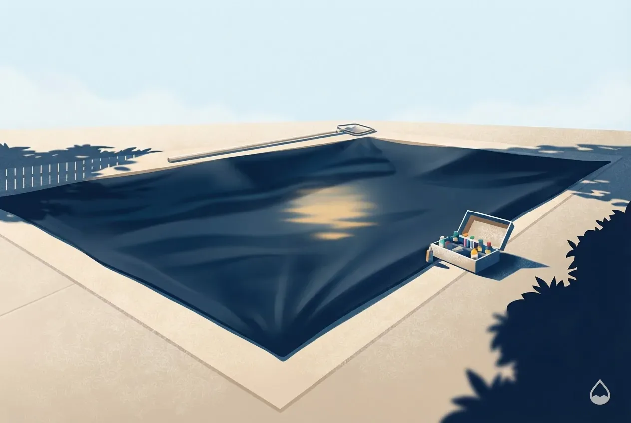 Painted spot illustration: a taut winter cover over a pool with frost on the deck