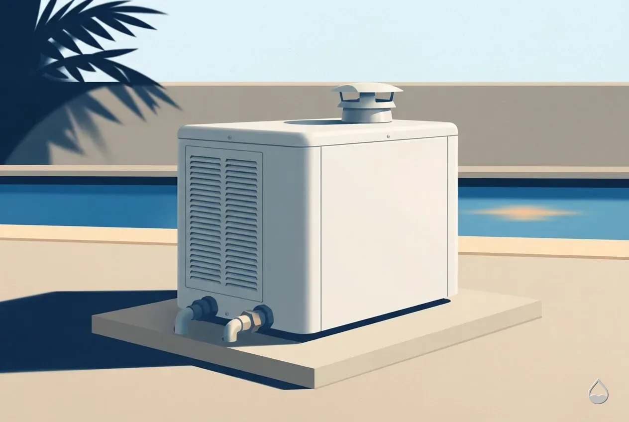 Painted close three-quarter view of a gas pool heater cabinet, flue cowl on top and two unions at its base