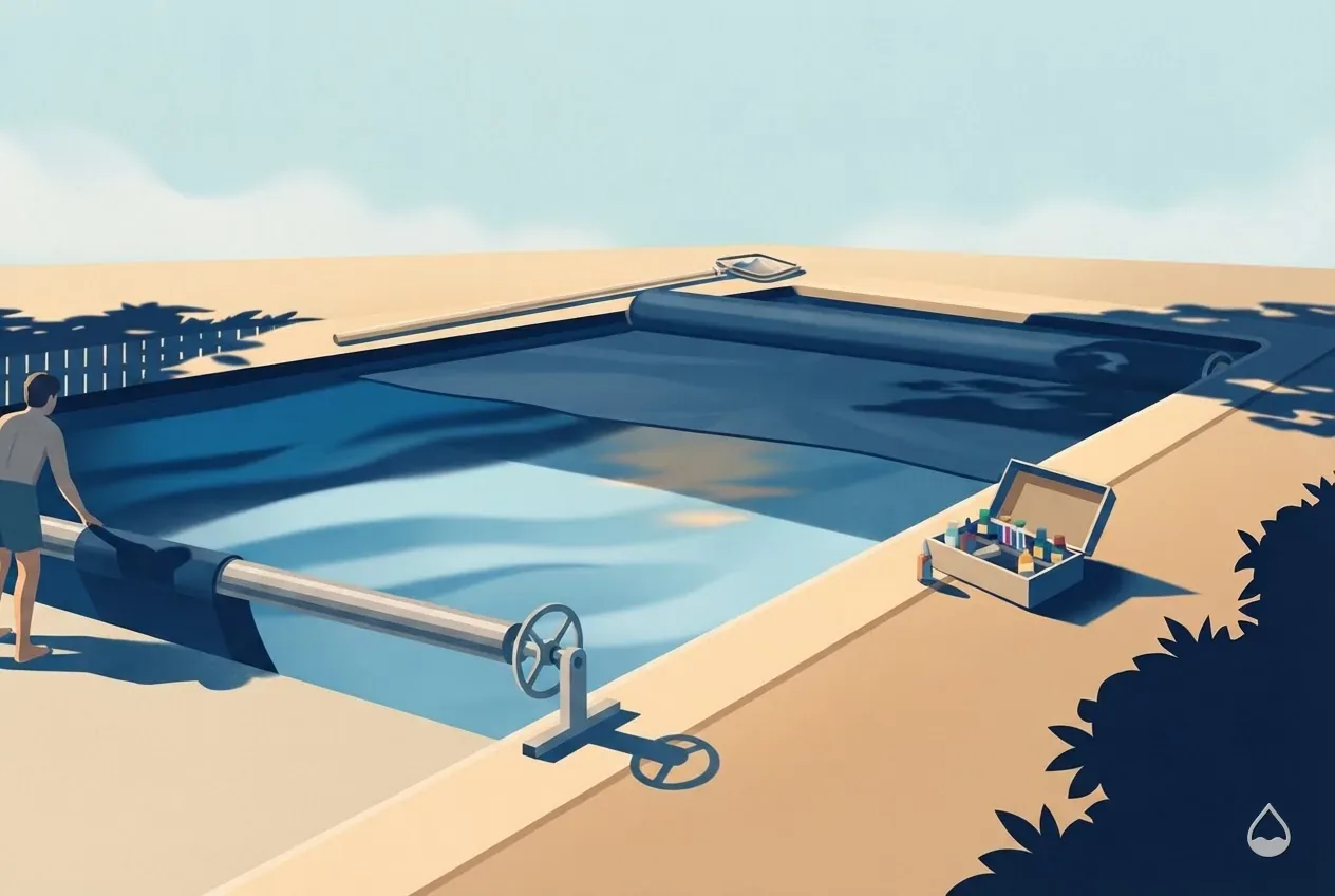 Painted spot illustration: a cover being rolled off a pool in spring light