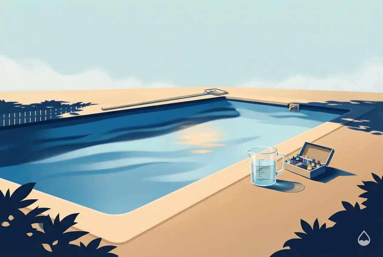 Painted spot illustration: a measuring jug of clear liquid on the deck beside a return jet