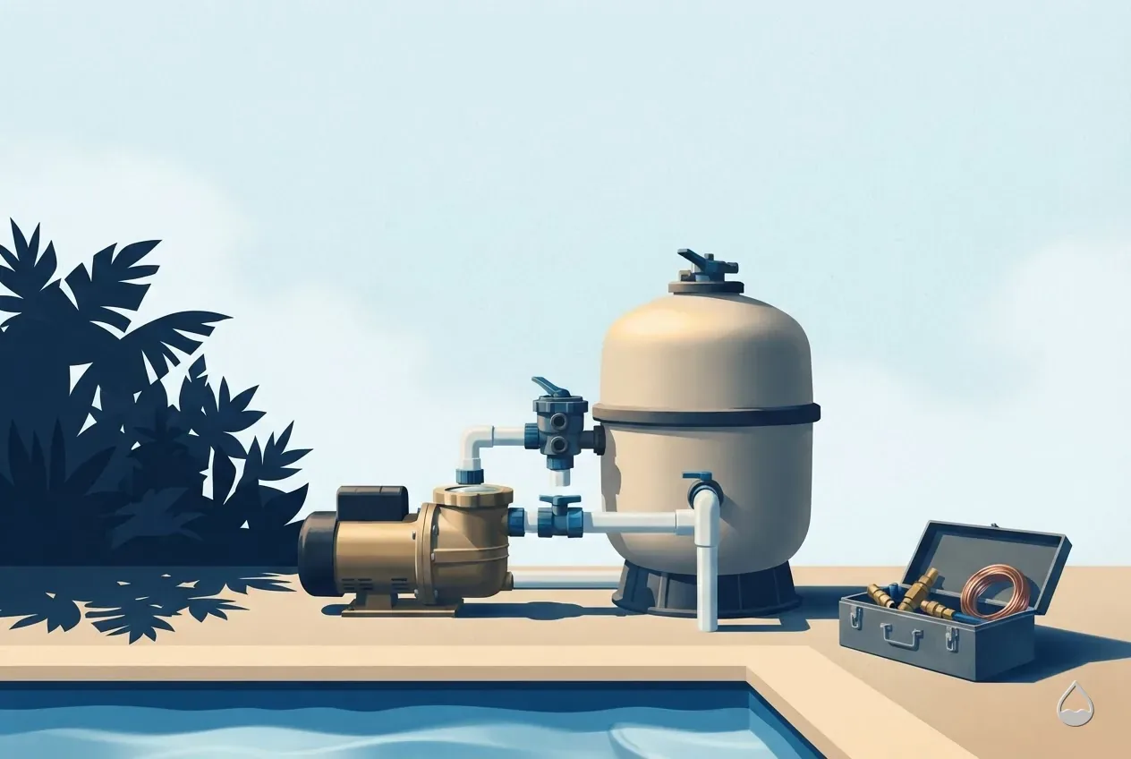 Painted spot illustration: a pump and filter on an equipment pad seen from the side