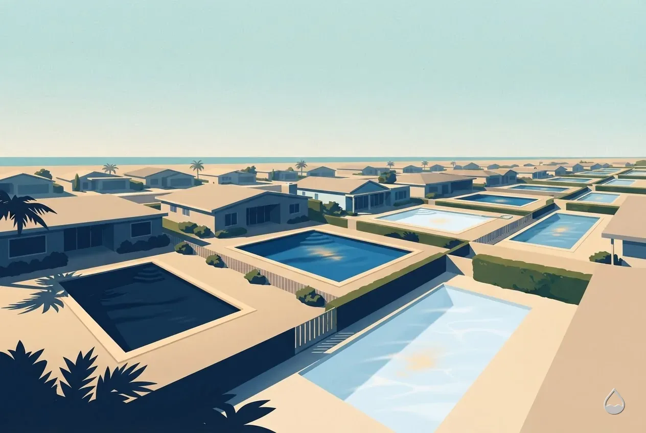 Painted spot illustration: a quiet street of backyard pools painted from above in flat blocks