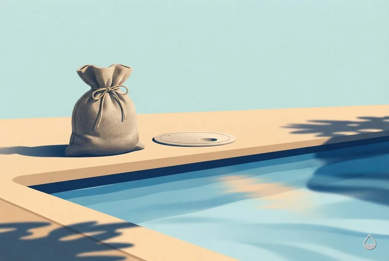 Painted spot illustration: a closed salt sack resting on a deck beside a pool skimmer lid