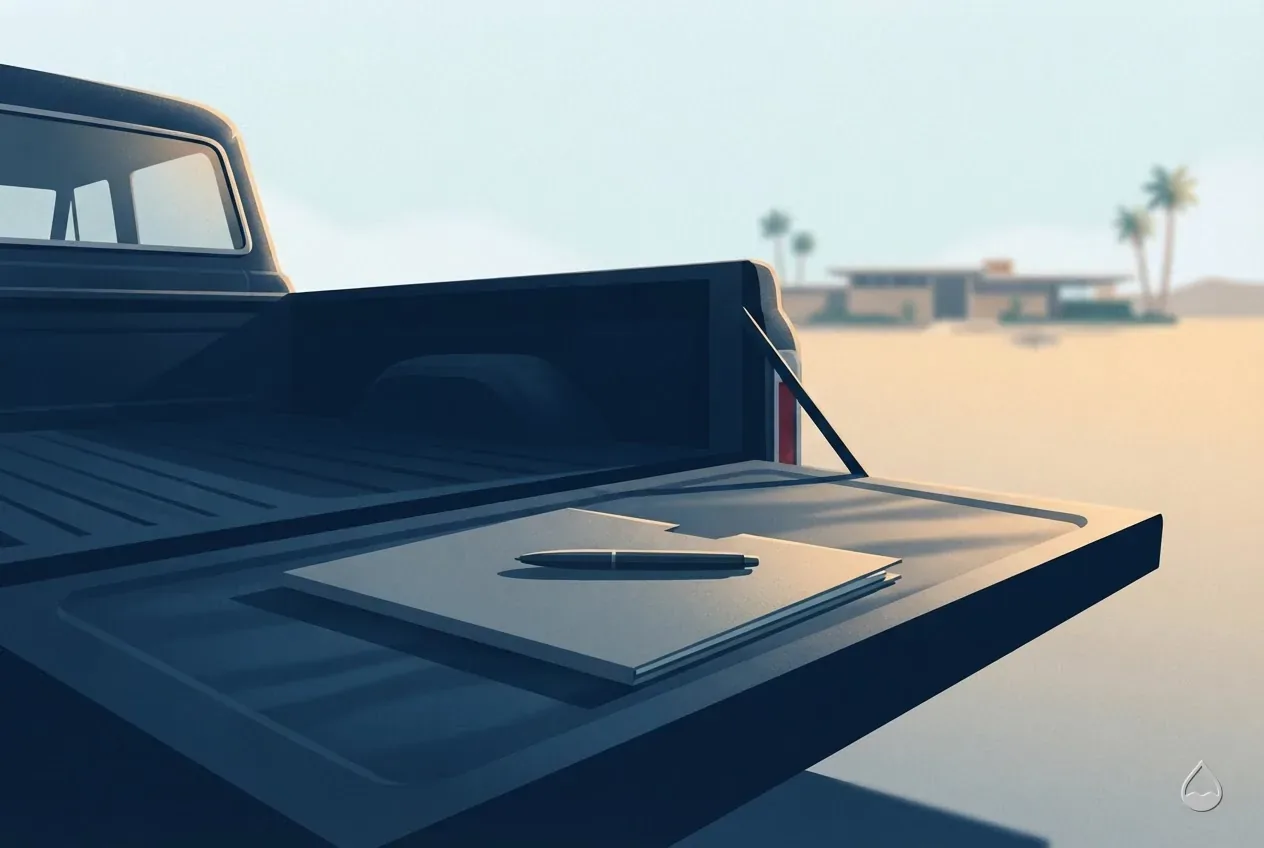Painted spot illustration: a folder and pen on a tailgate at early evening