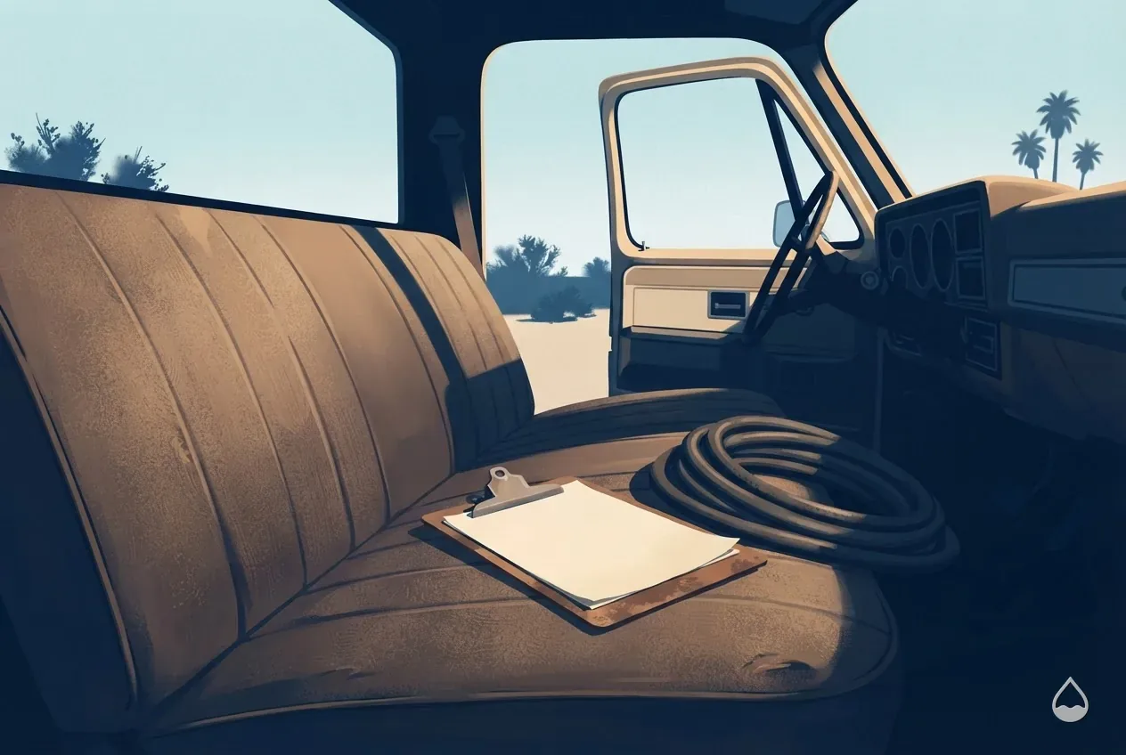 Painted spot illustration: a clipboard resting on a truck seat beside a coiled hose