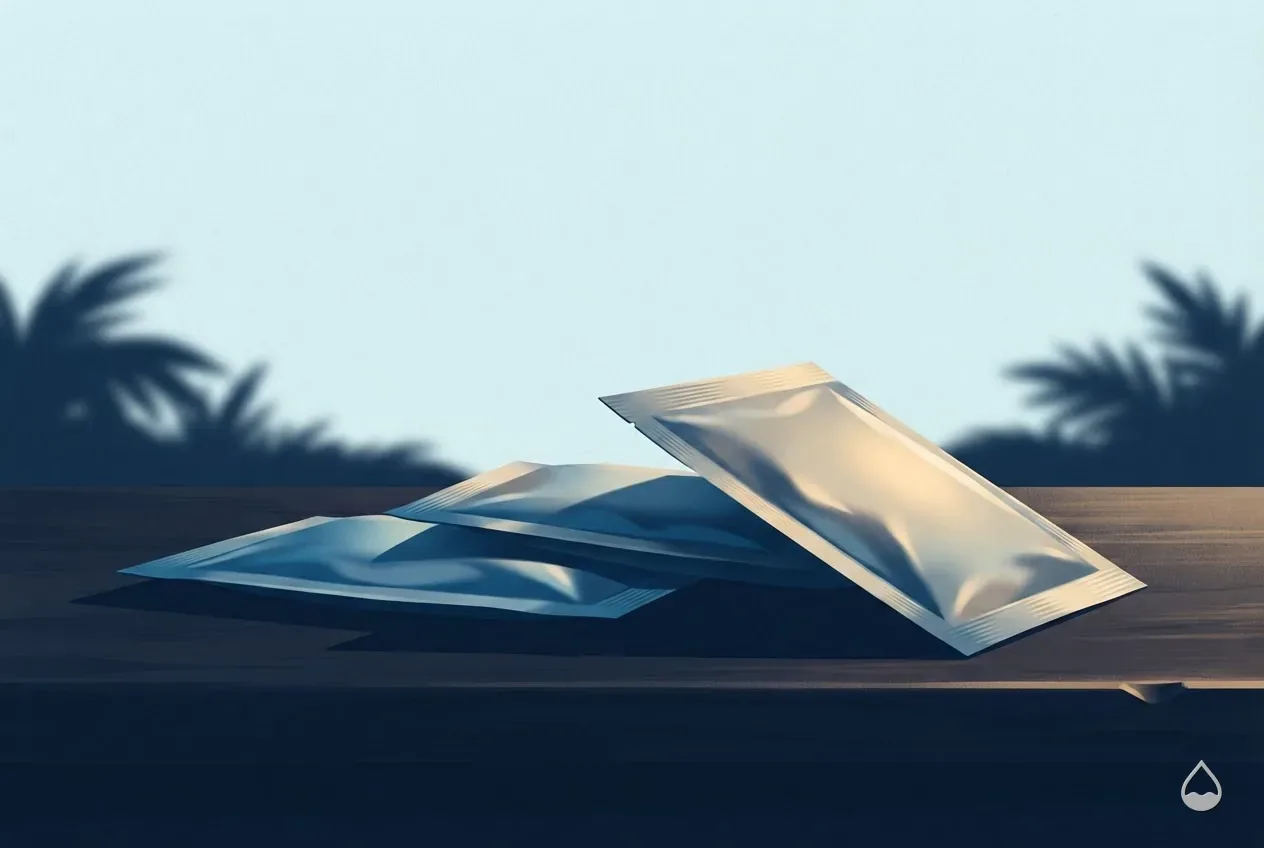 Painted close still life of sealed foil shock sachets lying on a dark deck