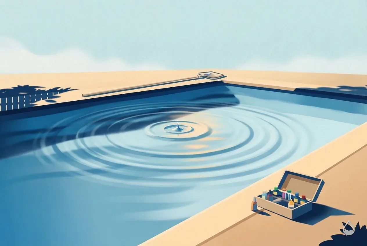 Painted spot illustration: a return jet stirring a slow circle across a calm pool surface