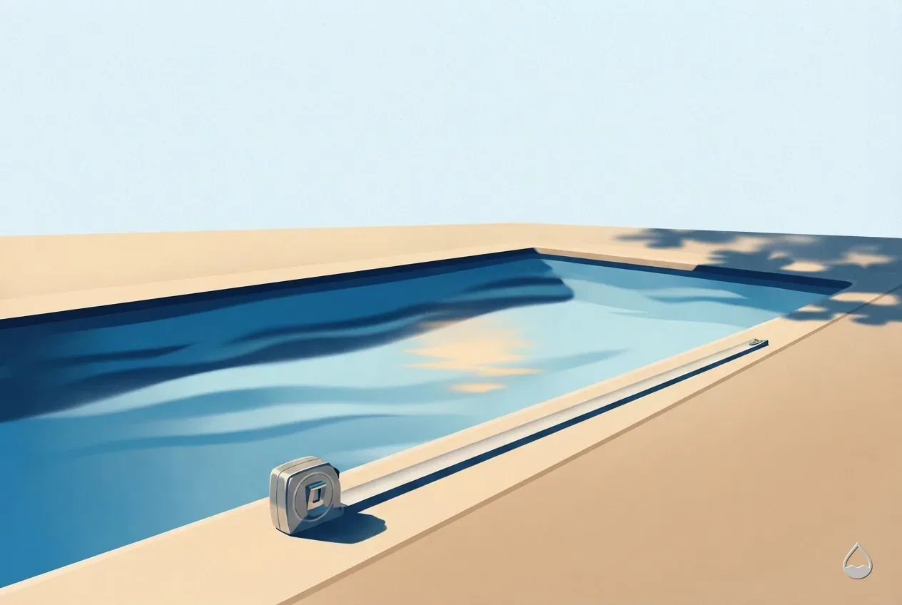 Painted view of a rectangular pool from one corner, a steel tape measure lying blade-up across the coping, its case on the deck
