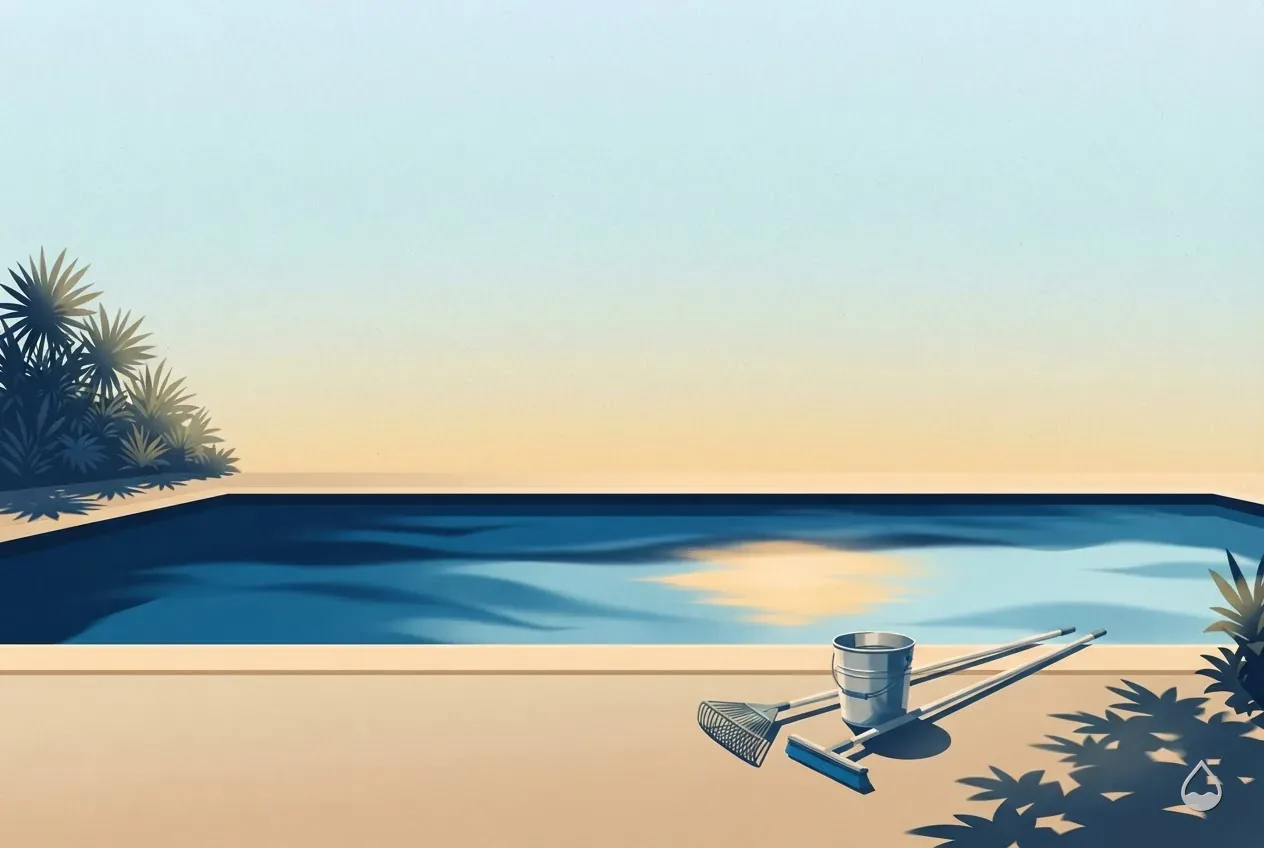 Painted spot illustration: a leaf rake, brush and closed bucket standing ready on a sand deck
